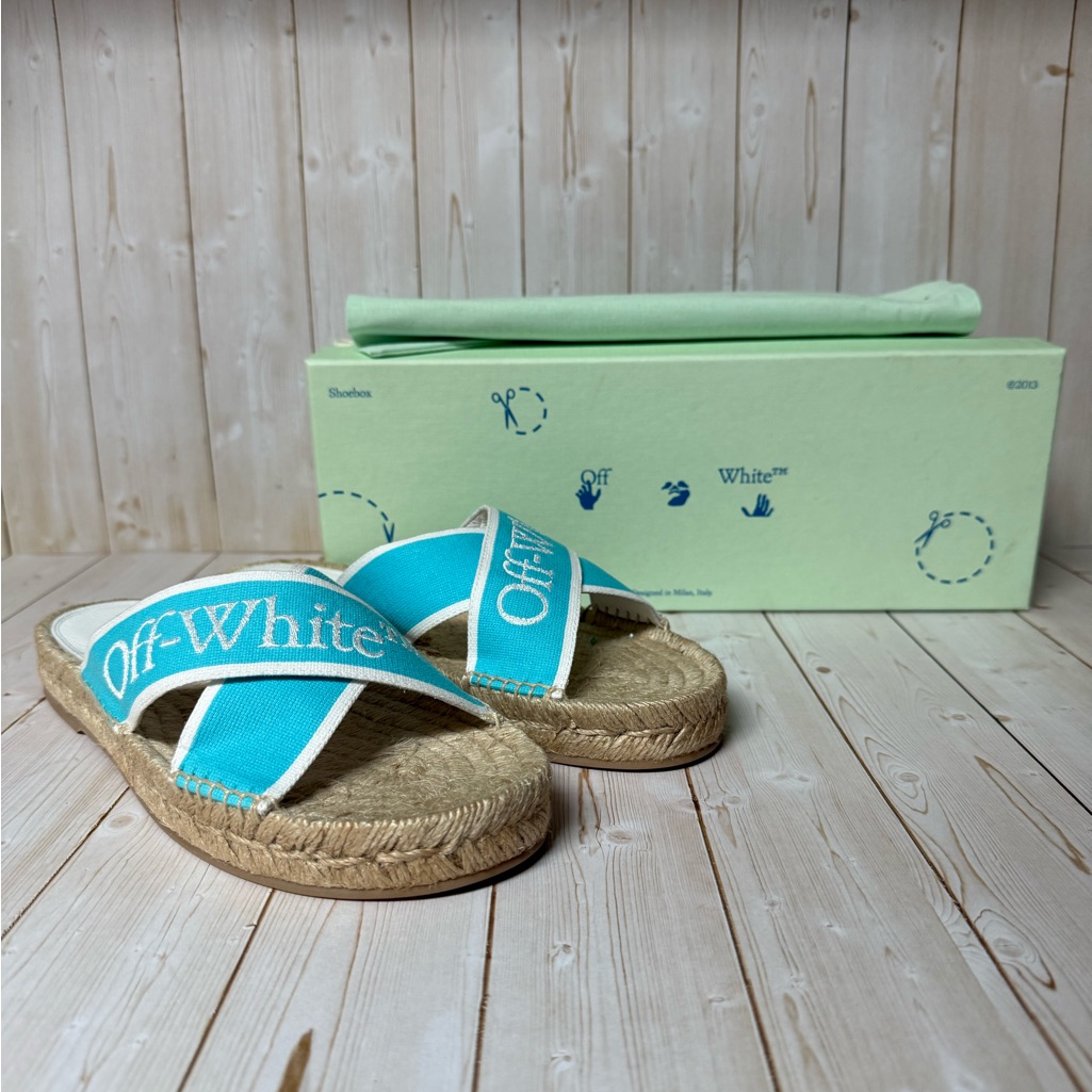 Off-White Logo Criss Cross Strap Espadrilles Sandals Light Blue/White Sz 38 / 8